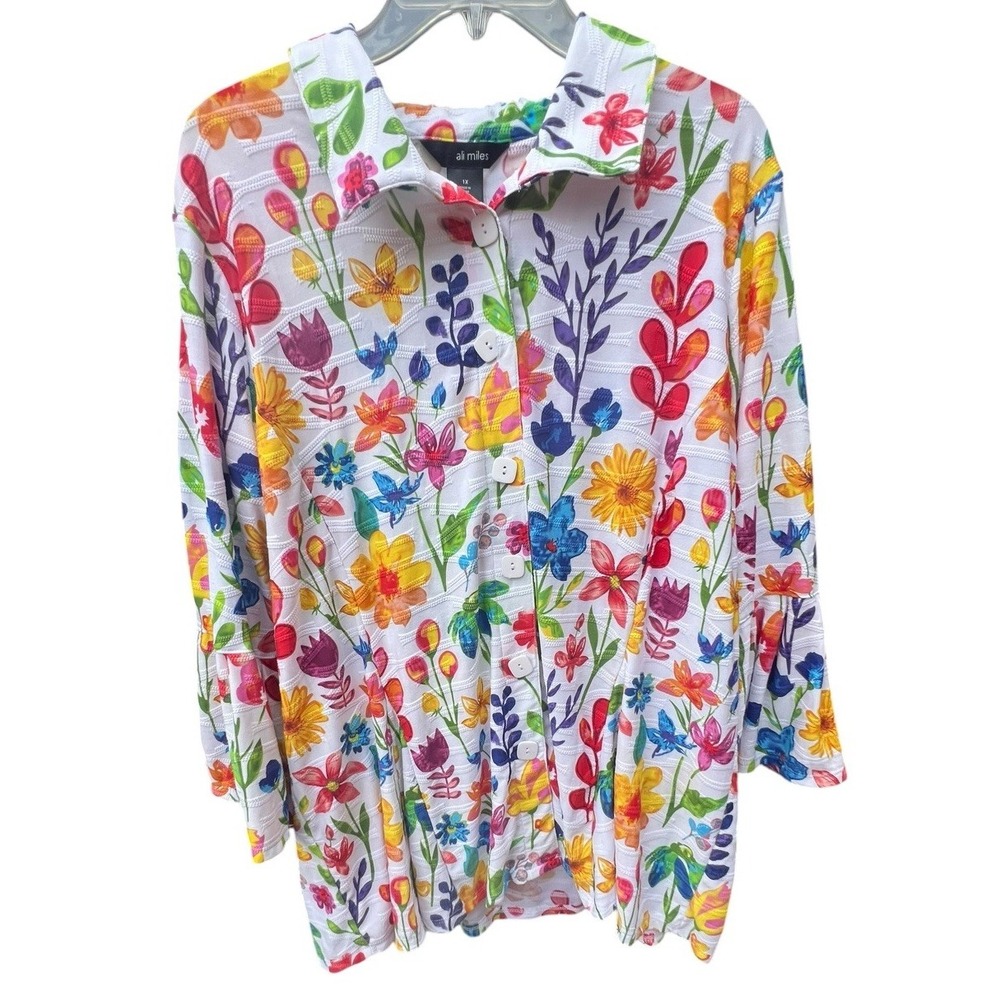 Ali Miles Floral Artsy Lagenlook  Button Down statement button Tunic Top Plus 1X